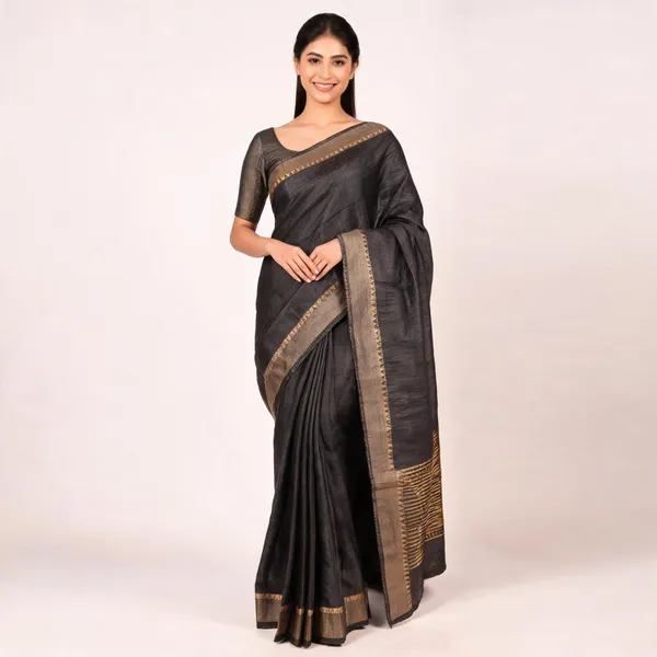 Black_Silk_Handloom_Gold_Border_Saree_For_Women