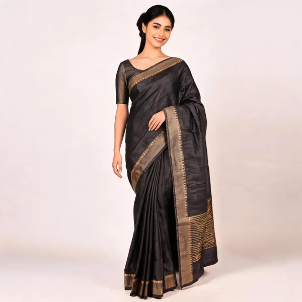 Black_Silk_Handloom_Gold_Border_Saree_For_Women