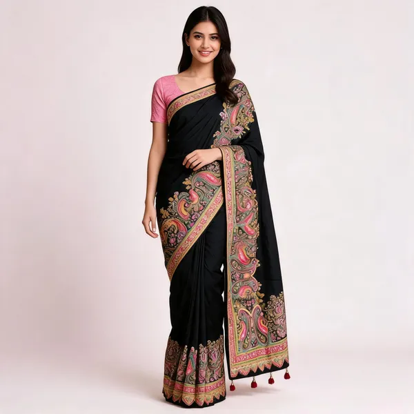 Black_Silk_Paisley_Floral_Embroidered_Saree_For_Women
