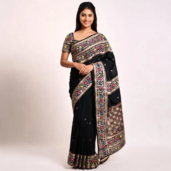 Black_Silk_Floral_Border_Saree_For_Women