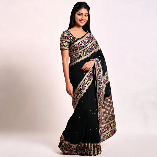 Black_Silk_Floral_Border_Saree_For_Women