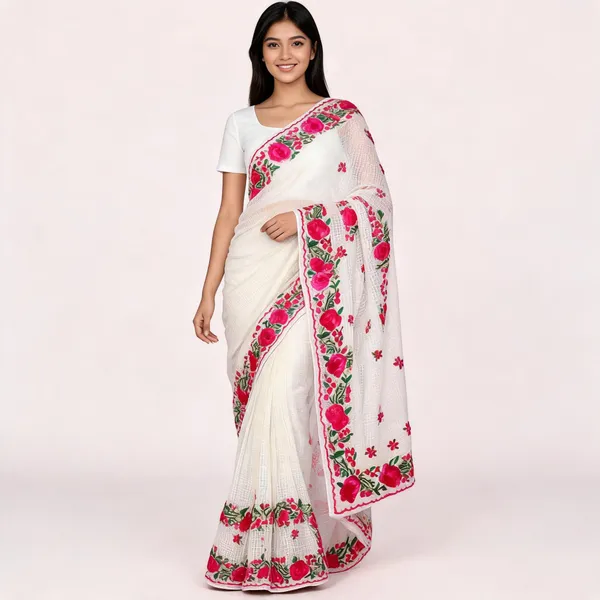 White_Silk_Floral_Print_Saree_For_Women