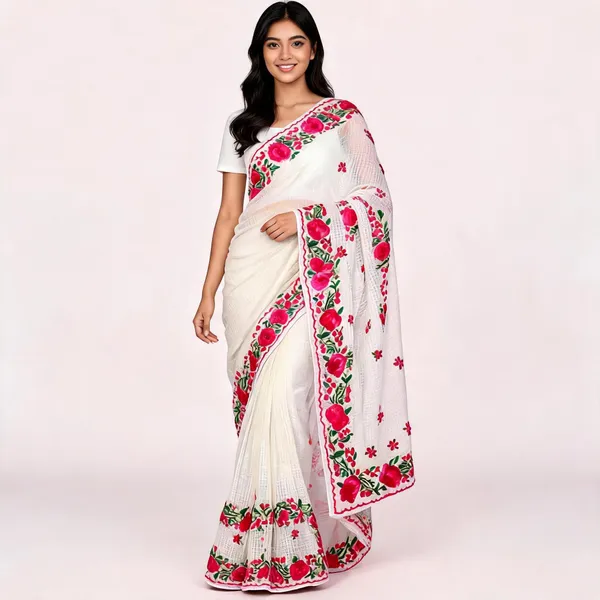 White_Silk_Floral_Print_Saree_For_Women