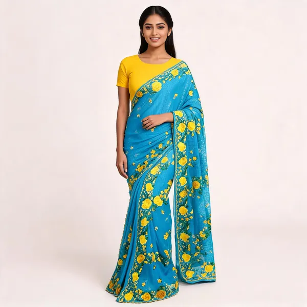 Blue_Silk_Floral_Print_Saree_For_Women