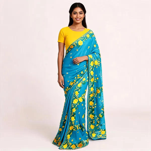 Blue_Silk_Floral_Print_Saree_For_Women