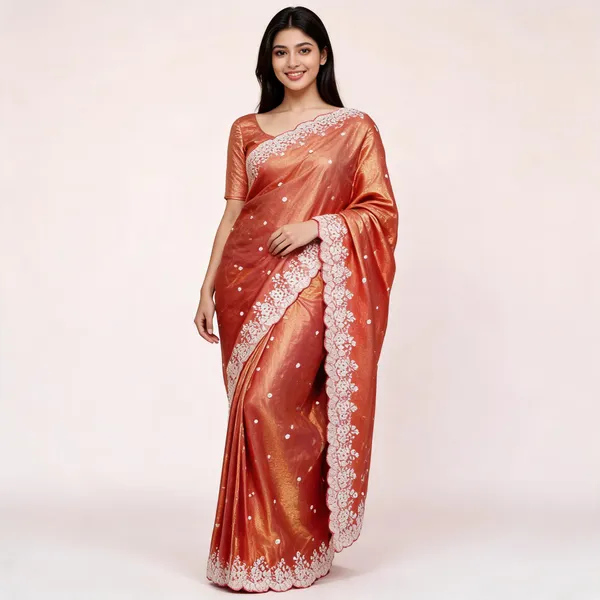 Peach_Silk_Shimmer_Lace_Border_Saree_For_Women