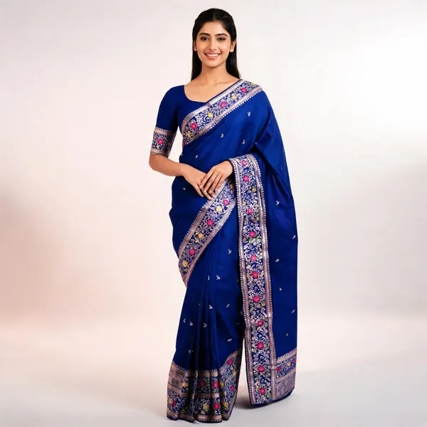Blue_Silk_Woven_Floral_Border_Saree_For_Women