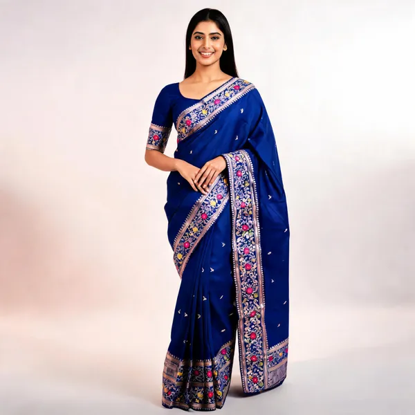 Blue_Silk_Woven_Floral_Border_Saree_For_Women