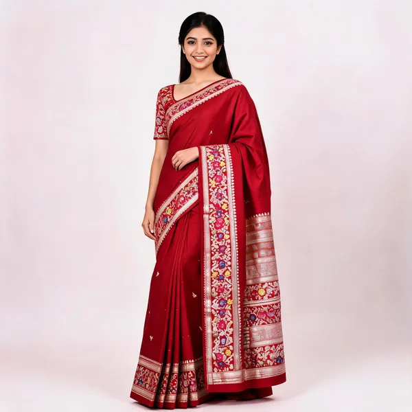 Red_Silk_Woven_Floral_Border_Saree_For_Women