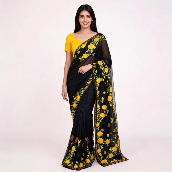 Black_Net_Floral_Printed_Saree_For_Women