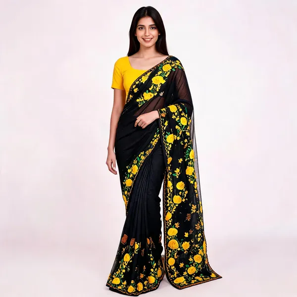 Black_Net_Floral_Printed_Saree_For_Women