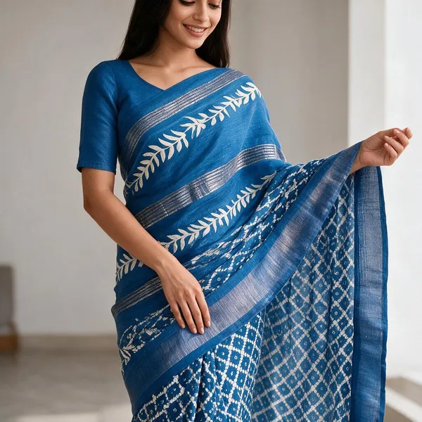 Blue_Silk_Leaf_Motif_Patterned_Saree_For_Women