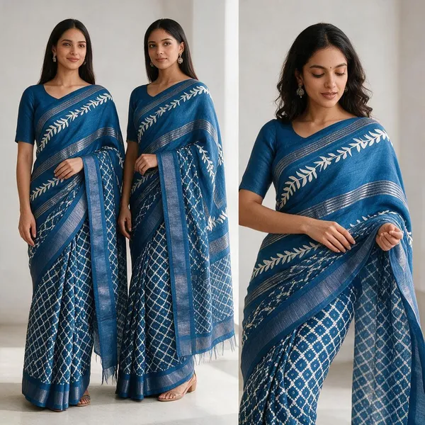 Blue_Silk_Leaf_Motif_Patterned_Saree_For_Women