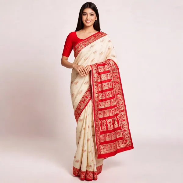 Cream_Silk_Printed_Red_Border_Saree_For_Women