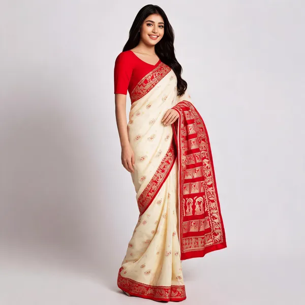 Cream_Silk_Printed_Red_Border_Saree_For_Women