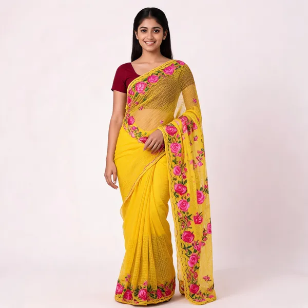 Yellow_Net_Floral_Printed_Saree_For_Women