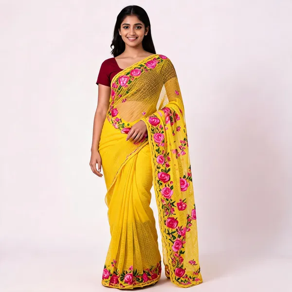 Yellow_Net_Floral_Printed_Saree_For_Women