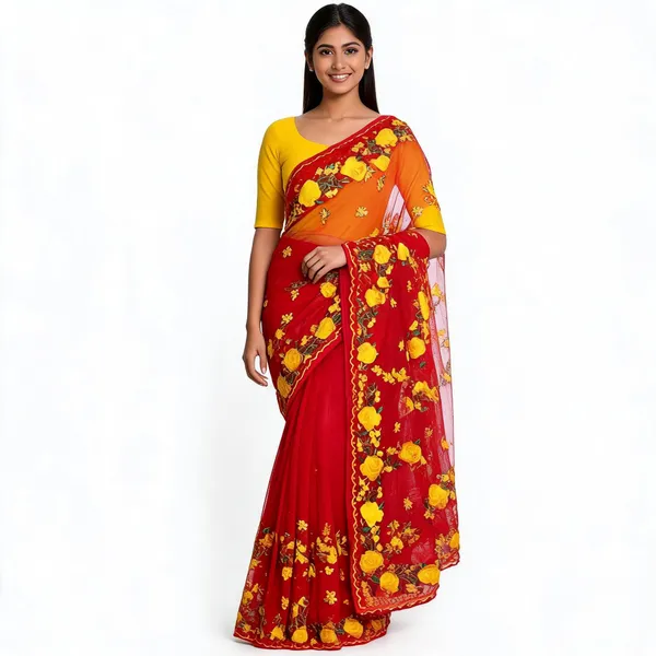 Red_Net_Floral_Printed_Saree_For_Women
