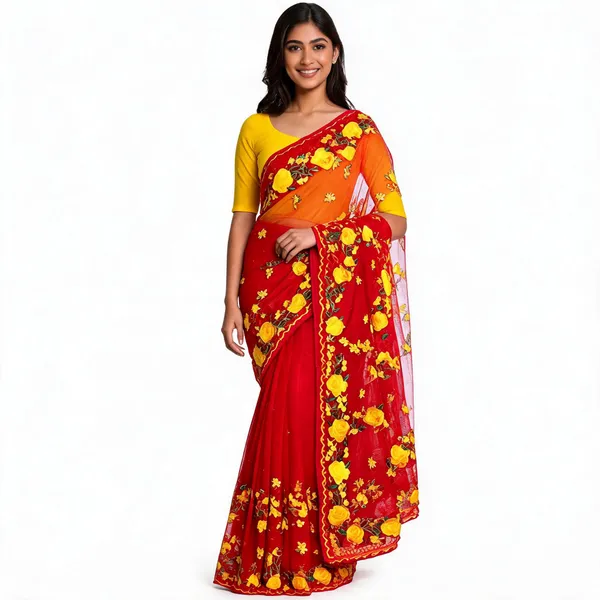 Red_Net_Floral_Printed_Saree_For_Women
