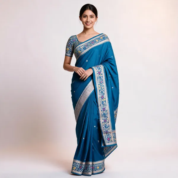 Blue_Silk_Floral_Border_Printed_Saree_For_Women