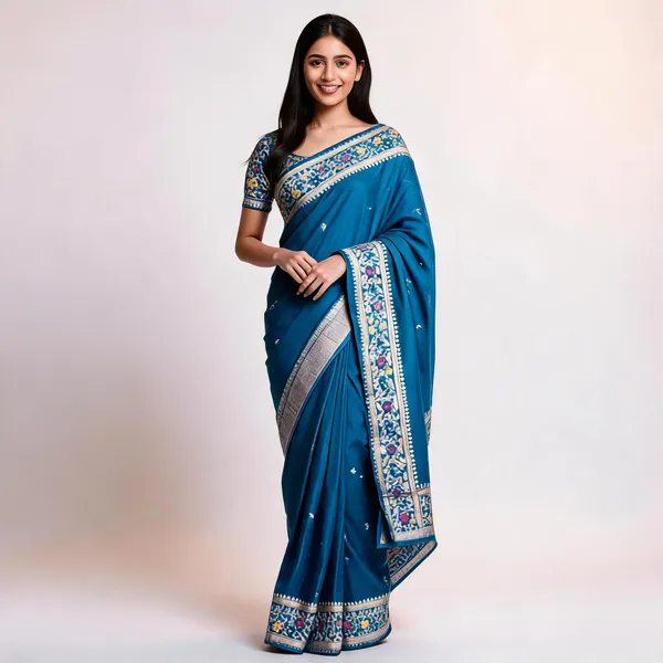 Blue_Silk_Floral_Border_Printed_Saree_For_Women
