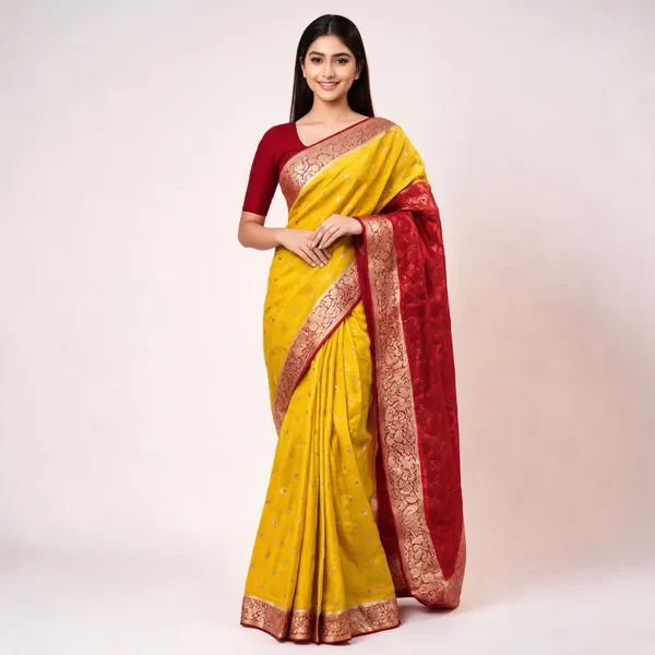 Yellow_Silk_Woven_Maroon_Border_Saree_For_Women