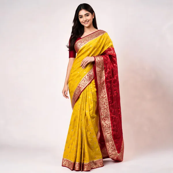Yellow_Silk_Woven_Maroon_Border_Saree_For_Women