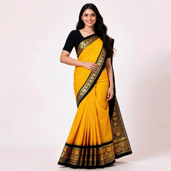 Yellow_Silk_Zari_Floral_Black_Border_Saree_For_Women