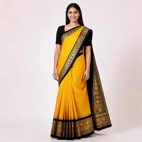 Yellow_Silk_Zari_Floral_Black_Border_Saree_For_Women