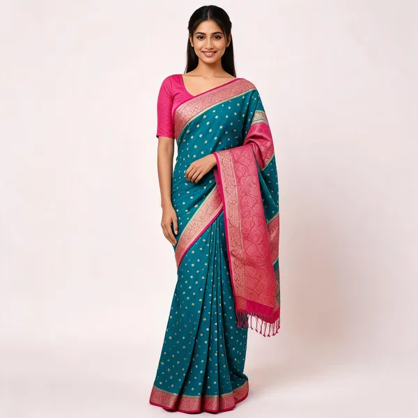 Teal_Silk_Woven_Gold_Motif_Saree_For_Women