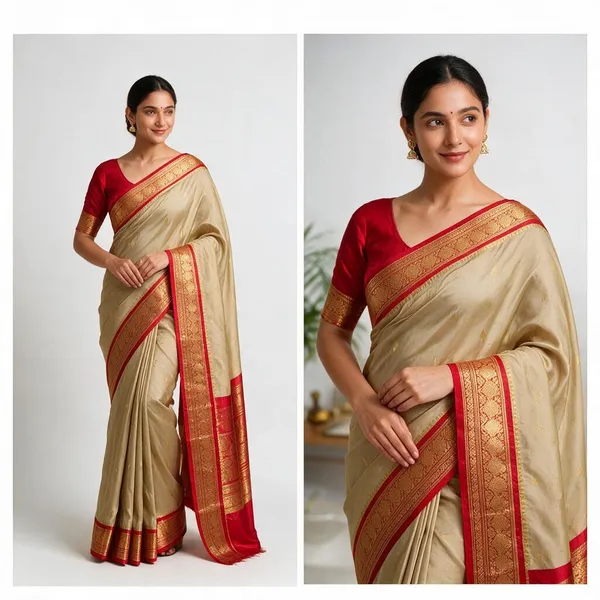 Cream_Silk_Zari_Red_Border_Saree_For_Women