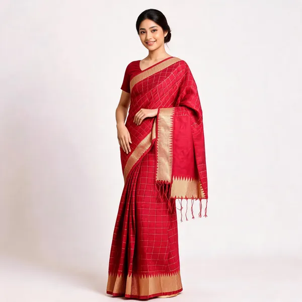 Red_Silk_Checked_Gold_Border_Saree_For_Women