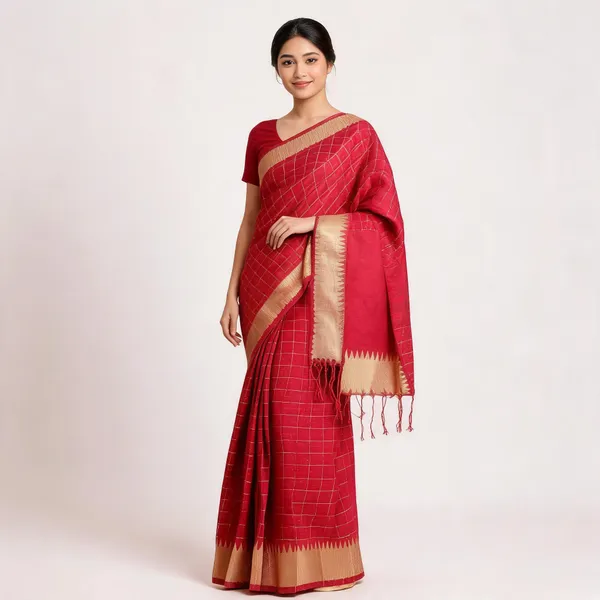 Red_Silk_Checked_Gold_Border_Saree_For_Women
