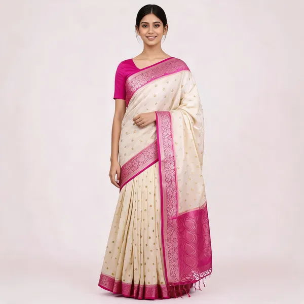 Cream_Silk_Woven_Pink_Border_Saree_For_Women