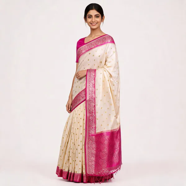 Cream_Silk_Woven_Pink_Border_Saree_For_Women