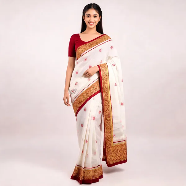 White_Maroon_Silk_Woven_Gold_Border_Saree_For_Women