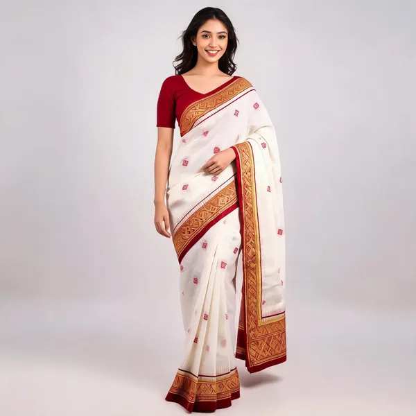White_Maroon_Silk_Woven_Gold_Border_Saree_For_Women