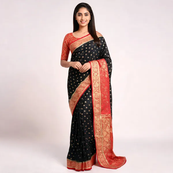 Black_Silk_Gold_Motif_Woven_Border_Saree_For_Women