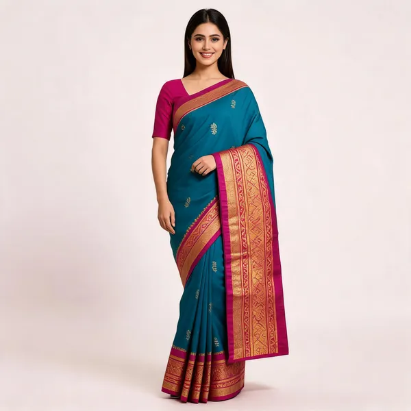 Blue_Silk_Woven_Gold_Motif_Saree_For_Women