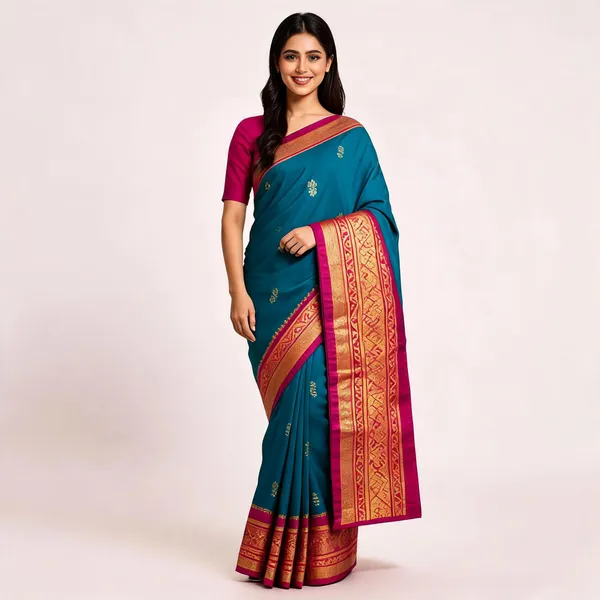 Blue_Silk_Woven_Gold_Motif_Saree_For_Women