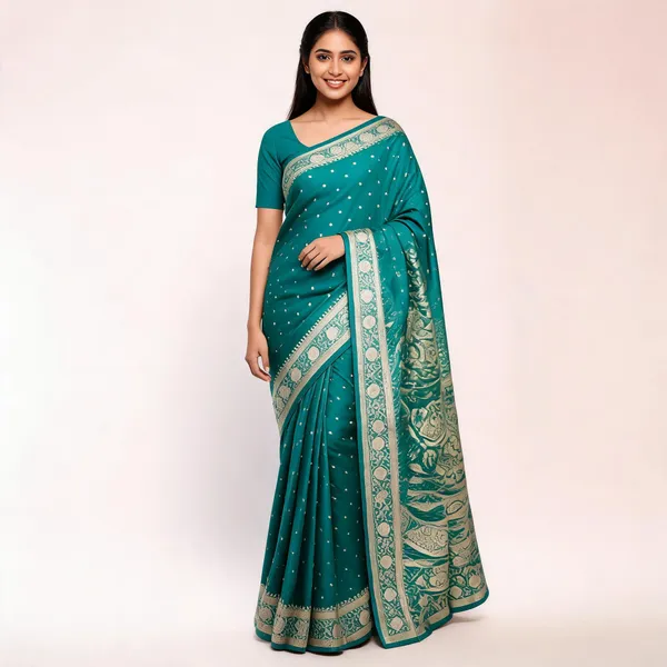 Teal_Silk_Woven_Motif_Saree_For_Women