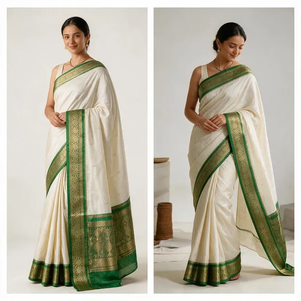 Cream_Silk_Green_Zari_Border_Saree_For_Women