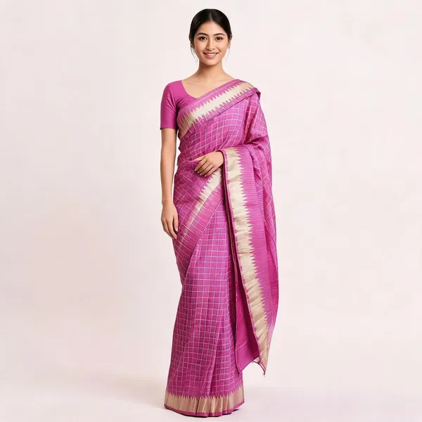 Pink_Silk_Woven_Checked_Blouse_Piece_For_Women