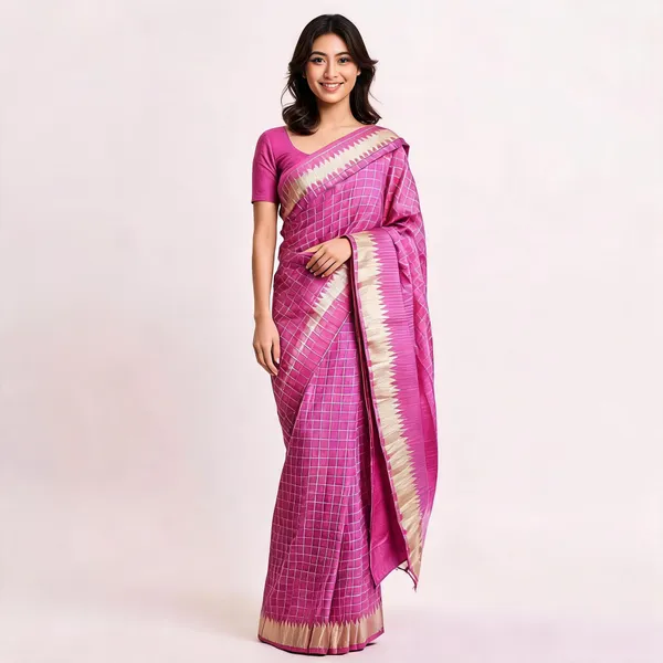 Pink_Silk_Woven_Checked_Blouse_Piece_For_Women