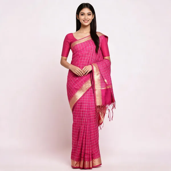 Pink_Silk_Checked_Saree_For_Women