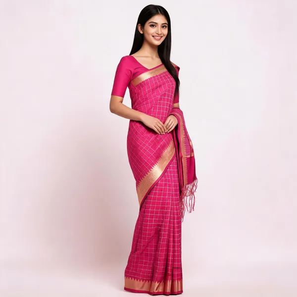Pink_Silk_Checked_Saree_For_Women