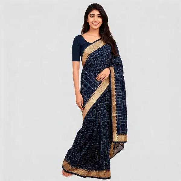 Navy_Blue_Silk_Woven_Checked_Saree_For_Women