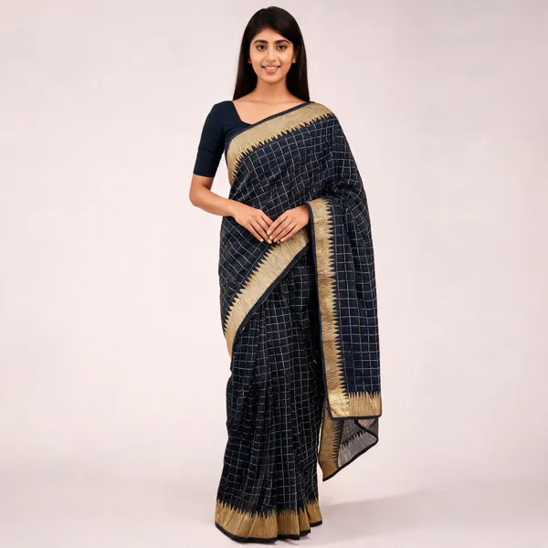 Navy_Blue_Silk_Woven_Checked_Saree_For_Women