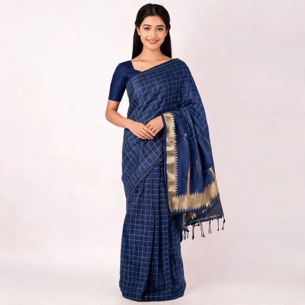 Navy_Blue_Silk_Woven_Gold_Border_Saree_For_Women