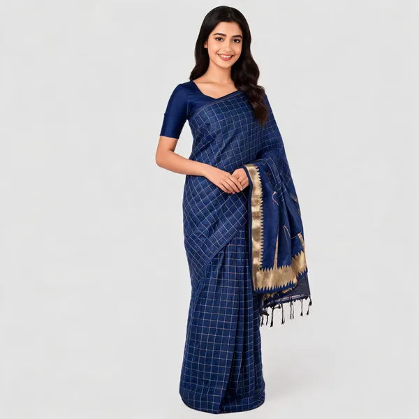 Navy_Blue_Silk_Woven_Gold_Border_Saree_For_Women